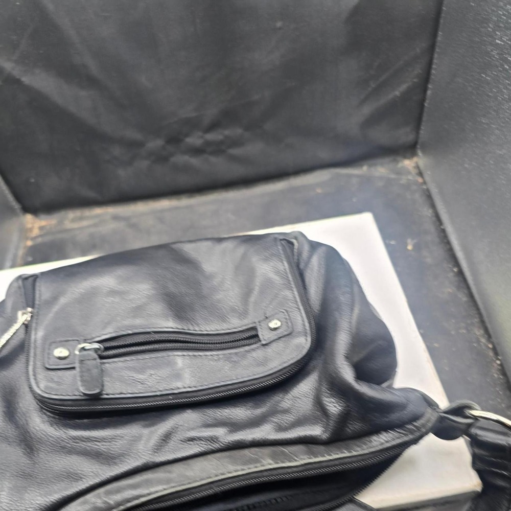 Black leather crossbody bag with silver hardware